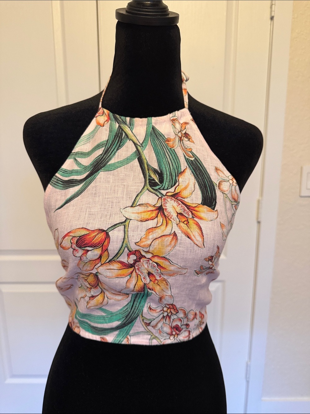 Monday Swimwear Floral Halter Crop Top in Peach and Green